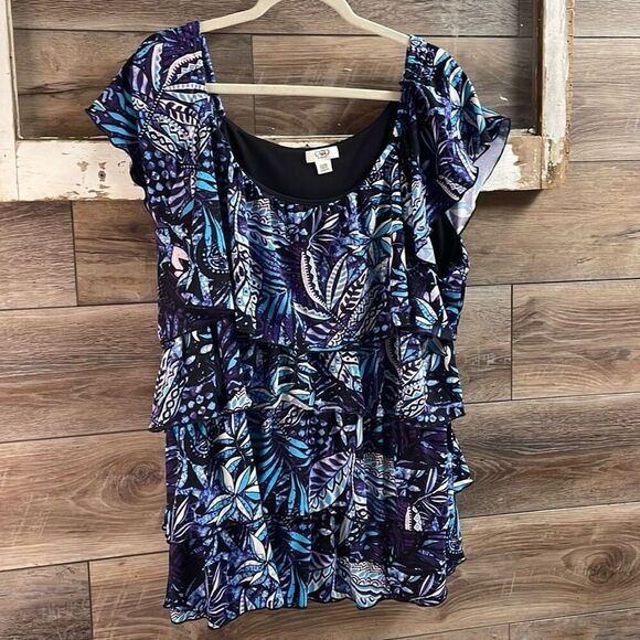 CATO Women Floral 3 Tier Ruffles Capped Sleeve  Fairygoth Blouse Size 22/24 - Picture 3 of 6